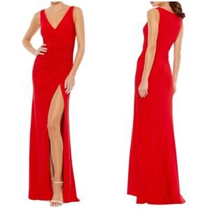 Mac Duggal NWT High Slit Faux Wrap Dress Size 10 Sleeveless Ruched V-neck Red